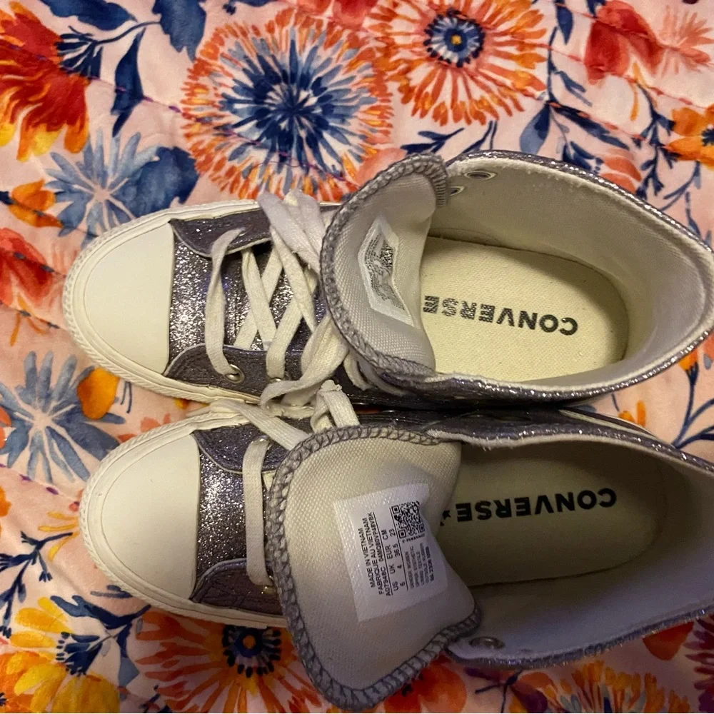 Converse Women’s Glitter High-Top Sneakers - Silver & Lavender Sz 6